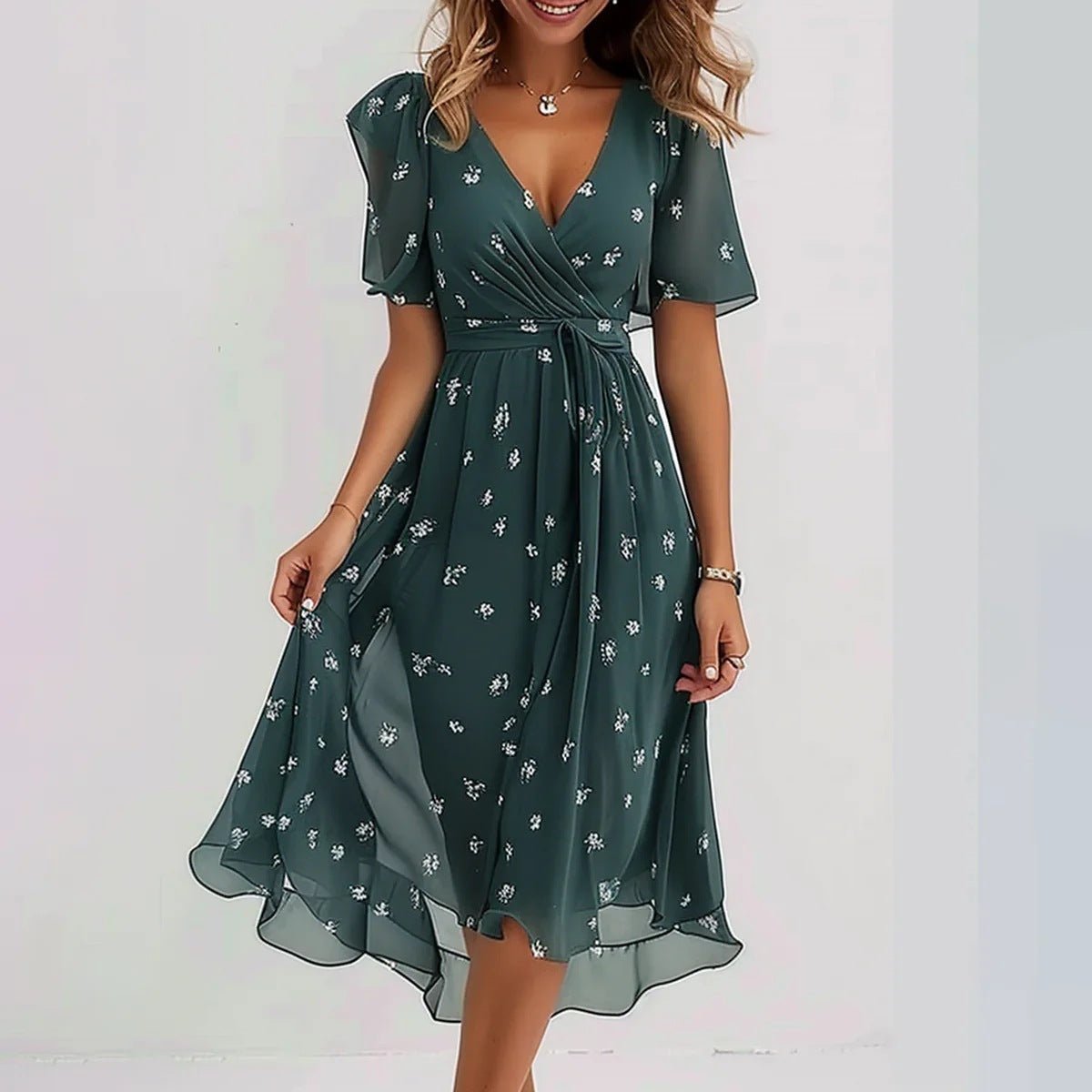 Robe en mousseline imprimée à manches courtes, élégante robe d'été à col en V, vêtements pour femmes - KaoKao