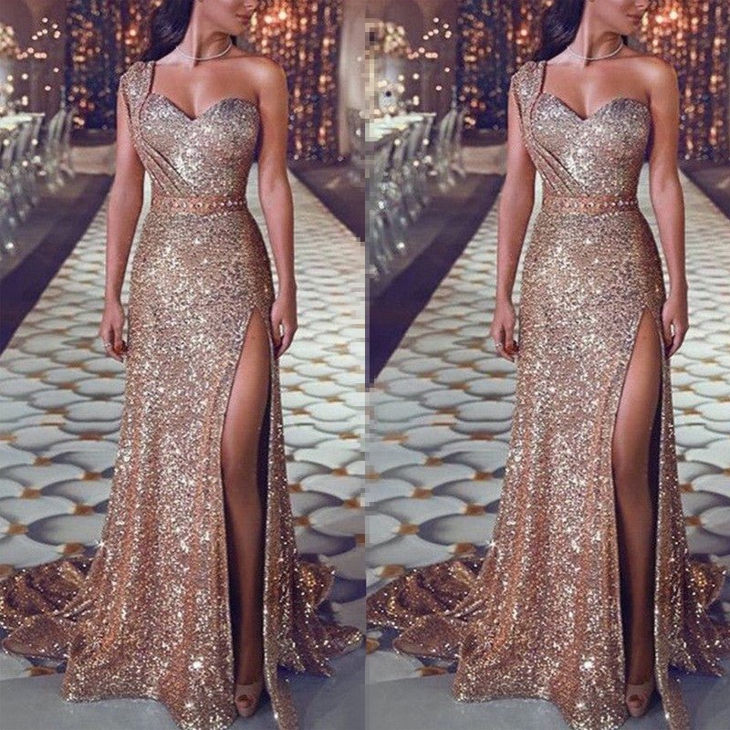 Robe fendue bronze sans manches à une épaule pour femme - KaoKao