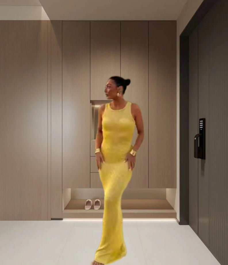 Robe fourreau sexy à paillettes, col en U, amincissante, coupe ajustée, sans manches - KaoKao