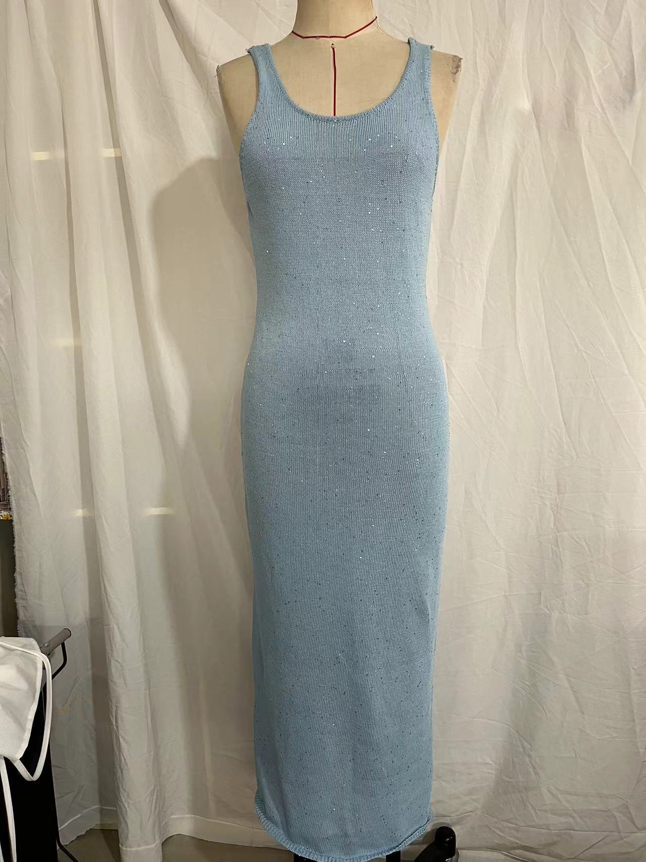 Robe fourreau sexy à paillettes, col en U, amincissante, coupe ajustée, sans manches - KaoKao