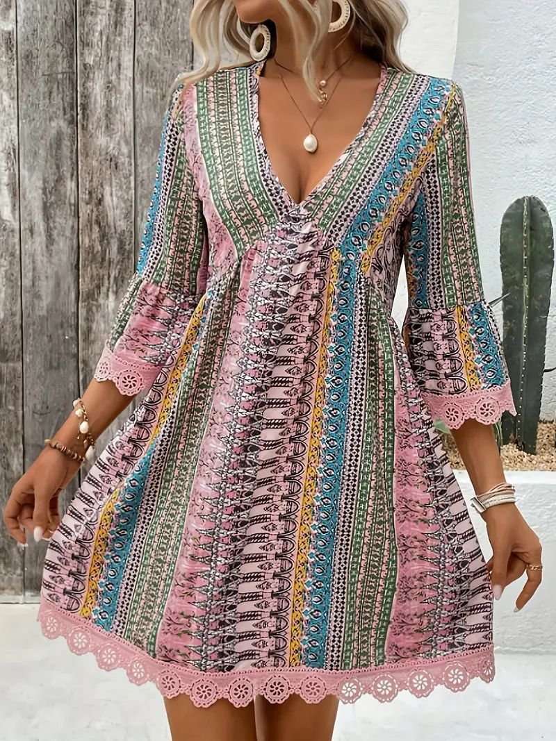 Robe imprimée style bohème à col en V, tenue de plage décontractée et ample pour femmes - KaoKao
