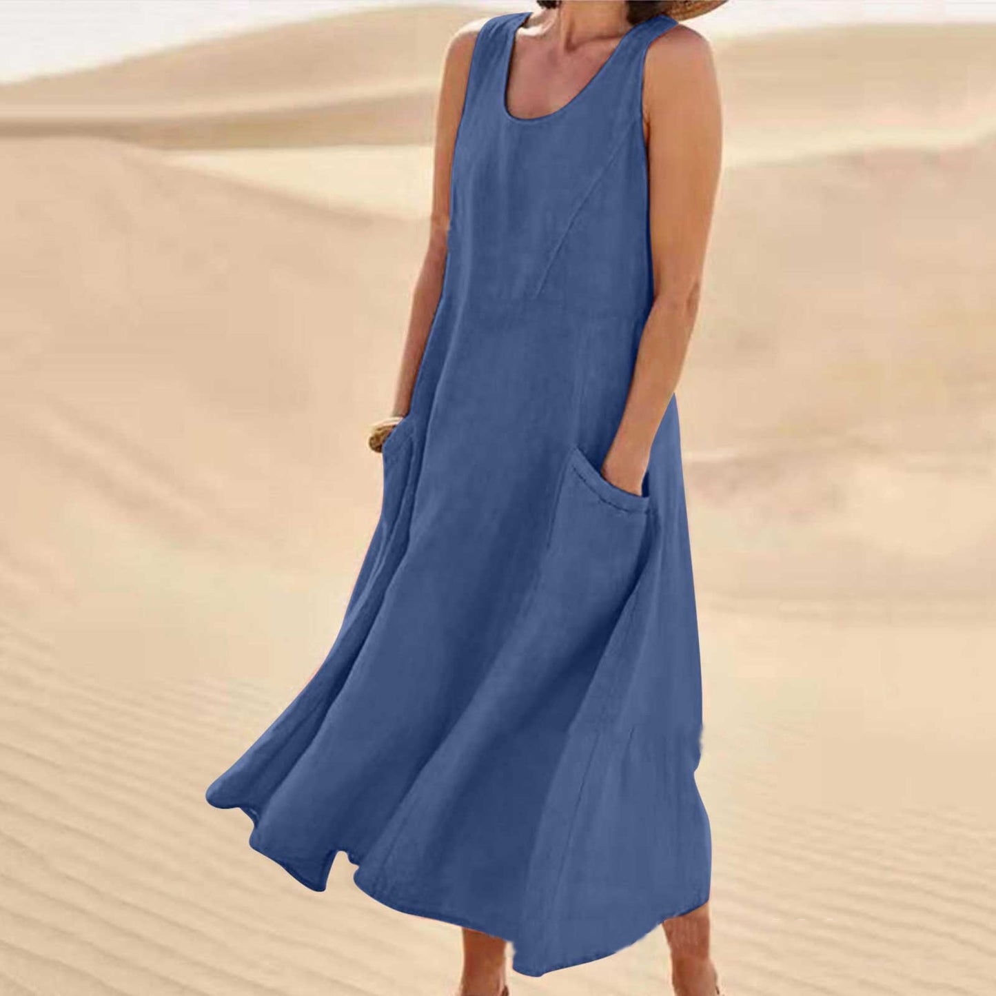Robe longue d'été sans manches avec poches, style décontracté et ample, vêtements pour femmes - KaoKao