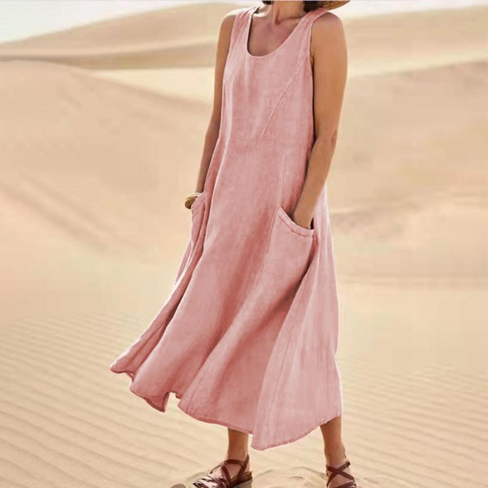 Robe longue d'été sans manches avec poches, style décontracté et ample, vêtements pour femmes - KaoKao