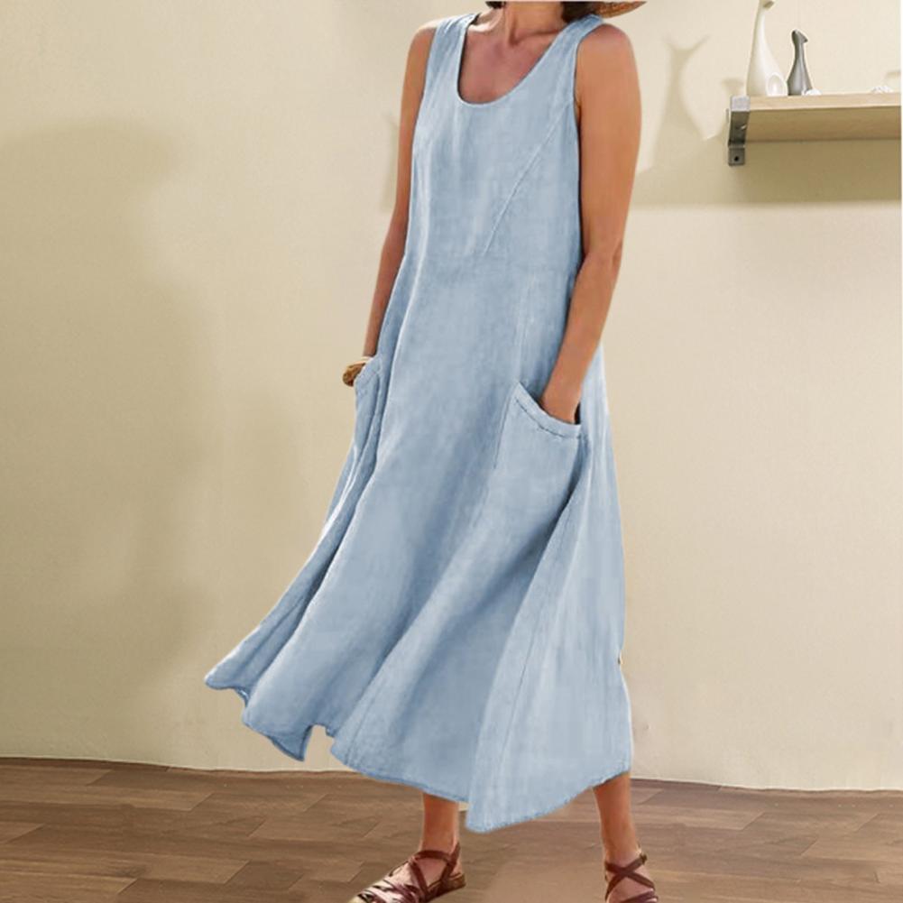Robe longue d'été sans manches avec poches, style décontracté et ample, vêtements pour femmes - KaoKao