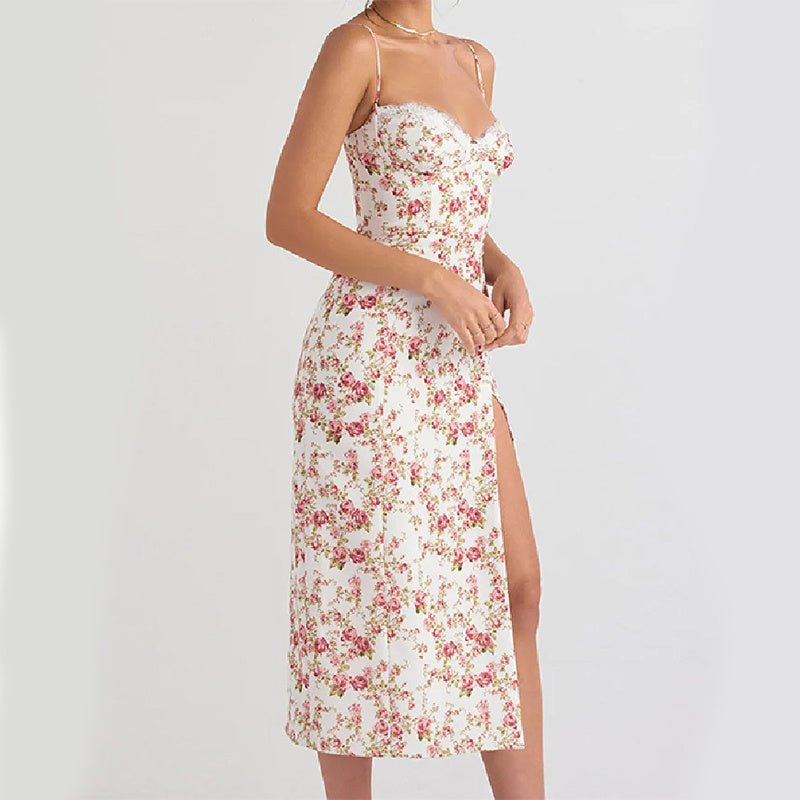 Robe longue en dentelle à imprimé floral, robe sexy à bretelles fendues, vêtements d'été pour femmes - KaoKao
