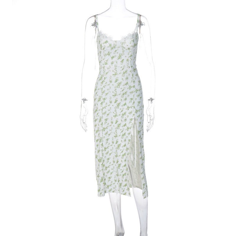 Robe longue en dentelle à imprimé floral, robe sexy à bretelles fendues, vêtements d'été pour femmes - KaoKao