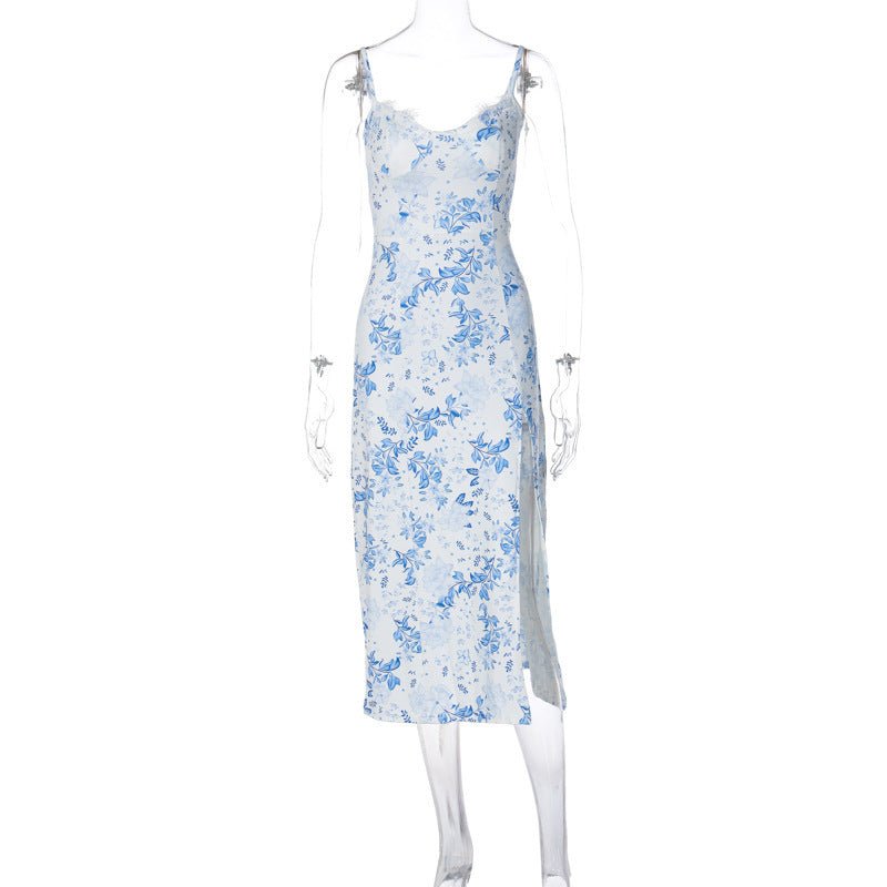 Robe longue en dentelle à imprimé floral, robe sexy à bretelles fendues, vêtements d'été pour femmes - KaoKao