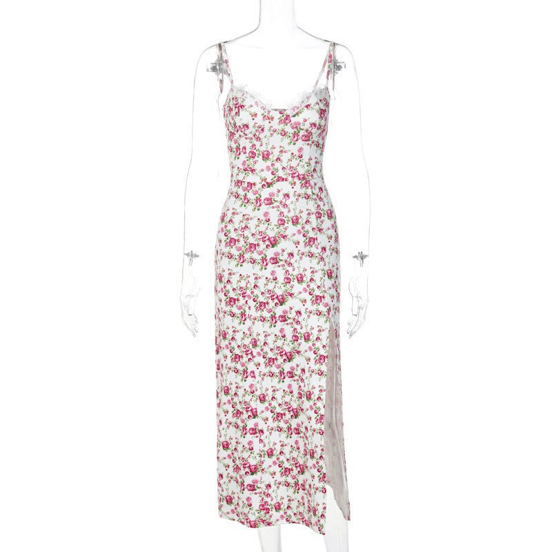 Robe longue en dentelle à imprimé floral, robe sexy à bretelles fendues, vêtements d'été pour femmes - KaoKao
