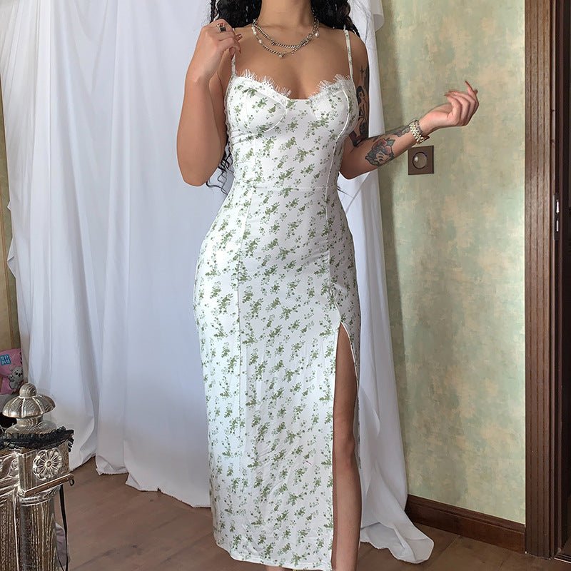 Robe longue en dentelle à imprimé floral, robe sexy à bretelles fendues, vêtements d'été pour femmes - KaoKao