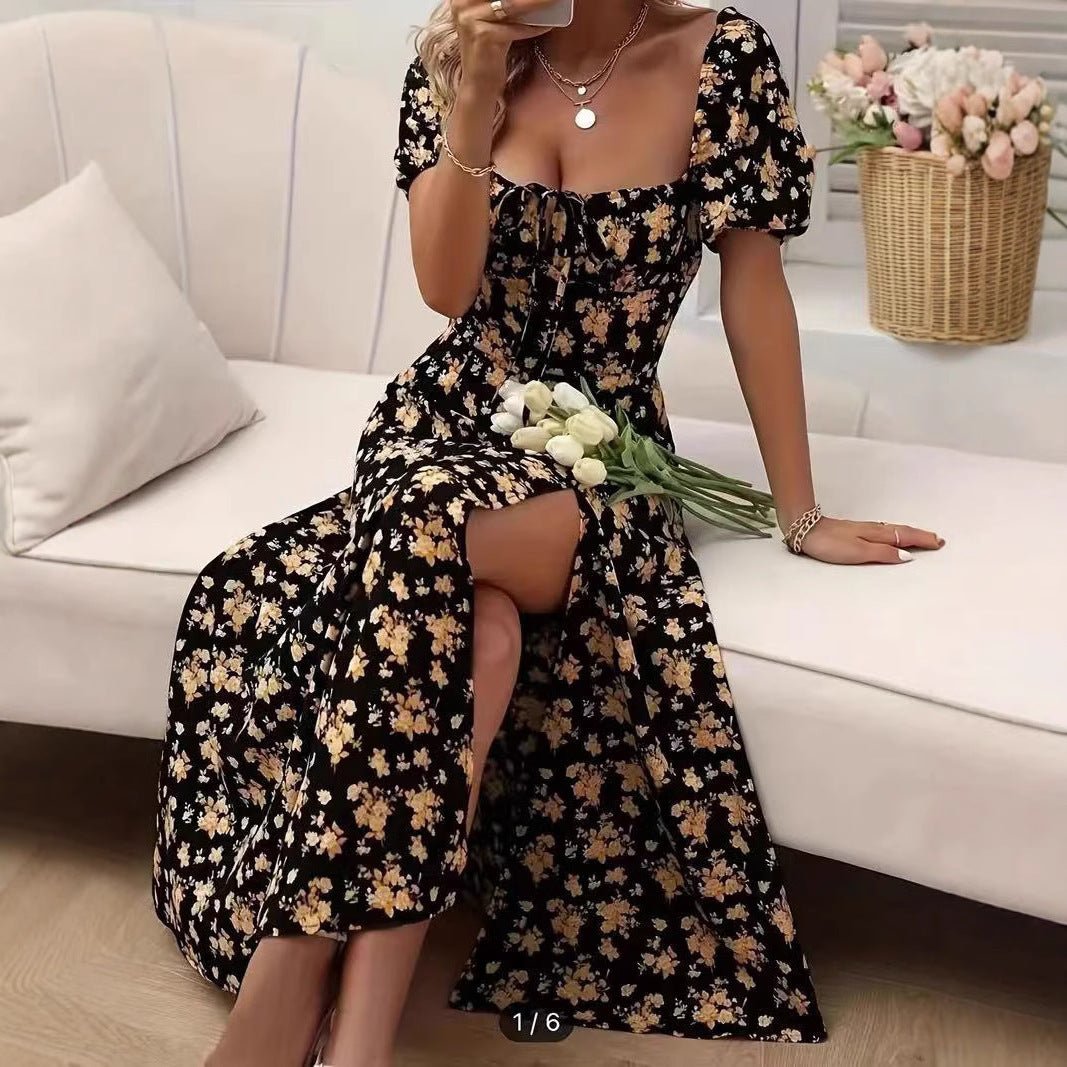Robe longue fendue à manches courtes et imprimé floral, mode estivale, à lacets, pour la plage, vêtements pour femmes - KaoKao