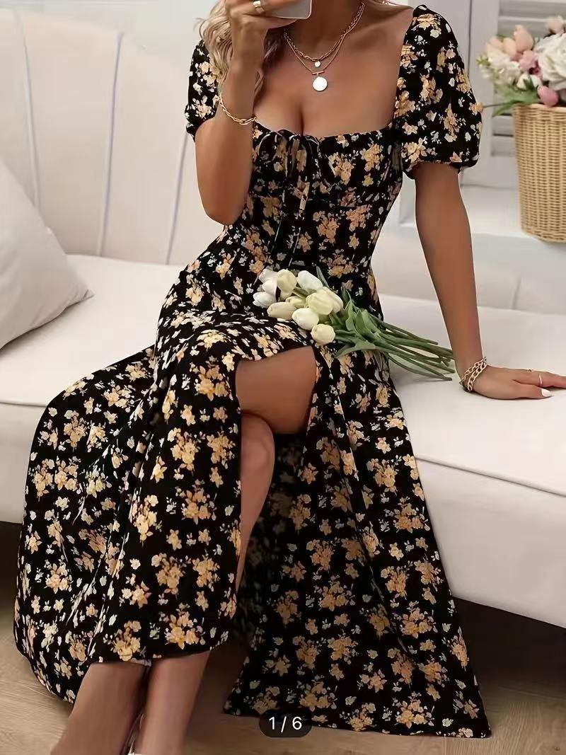 Robe longue fendue à manches courtes et imprimé floral, mode estivale, à lacets, pour la plage, vêtements pour femmes - KaoKao