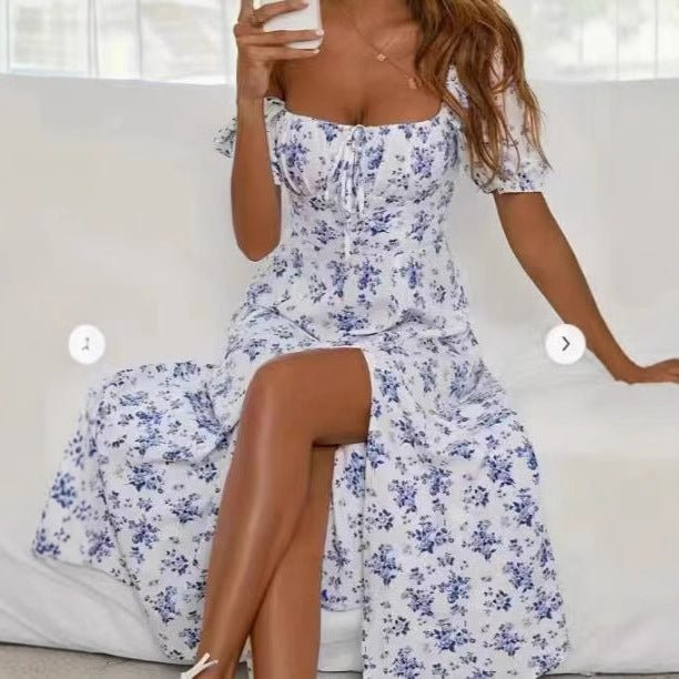 Robe longue fendue à manches courtes et imprimé floral, mode estivale, à lacets, pour la plage, vêtements pour femmes - KaoKao