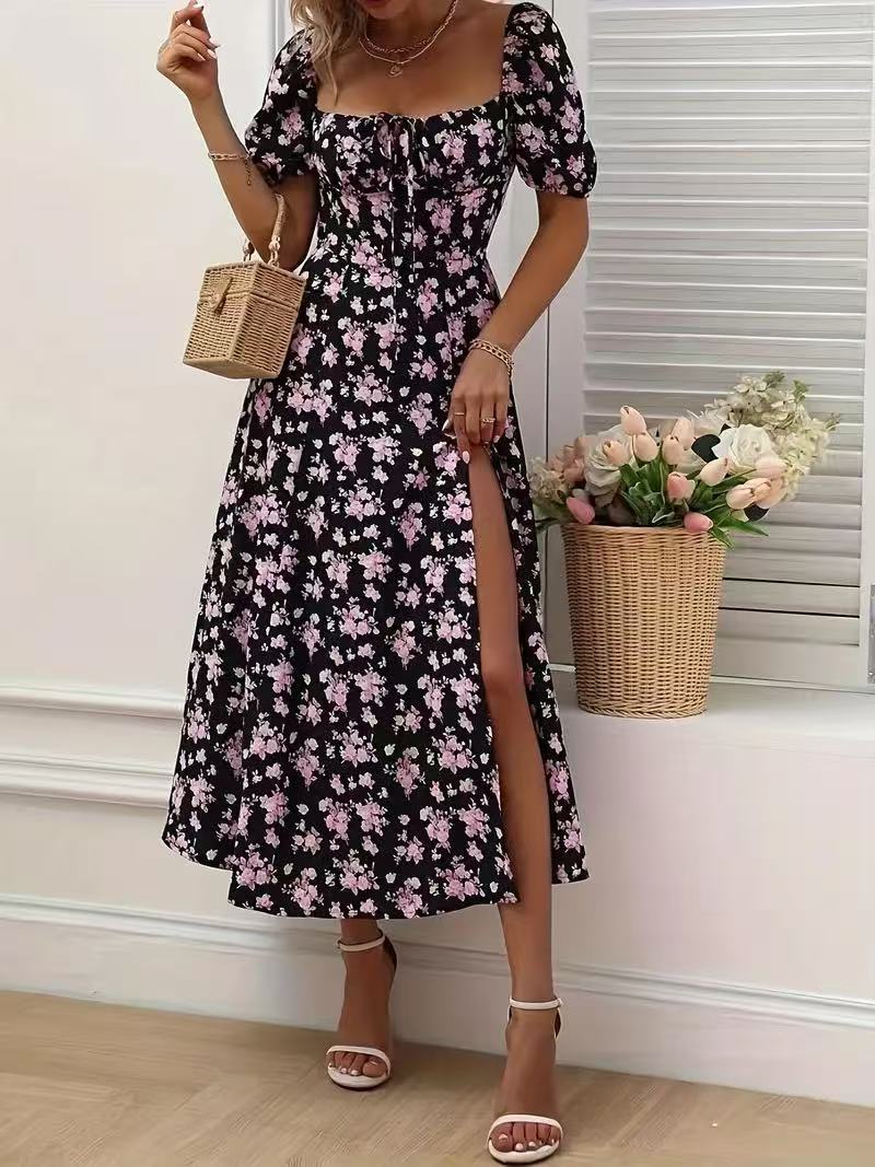 Robe longue fendue à manches courtes et imprimé floral, mode estivale, à lacets, pour la plage, vêtements pour femmes - KaoKao