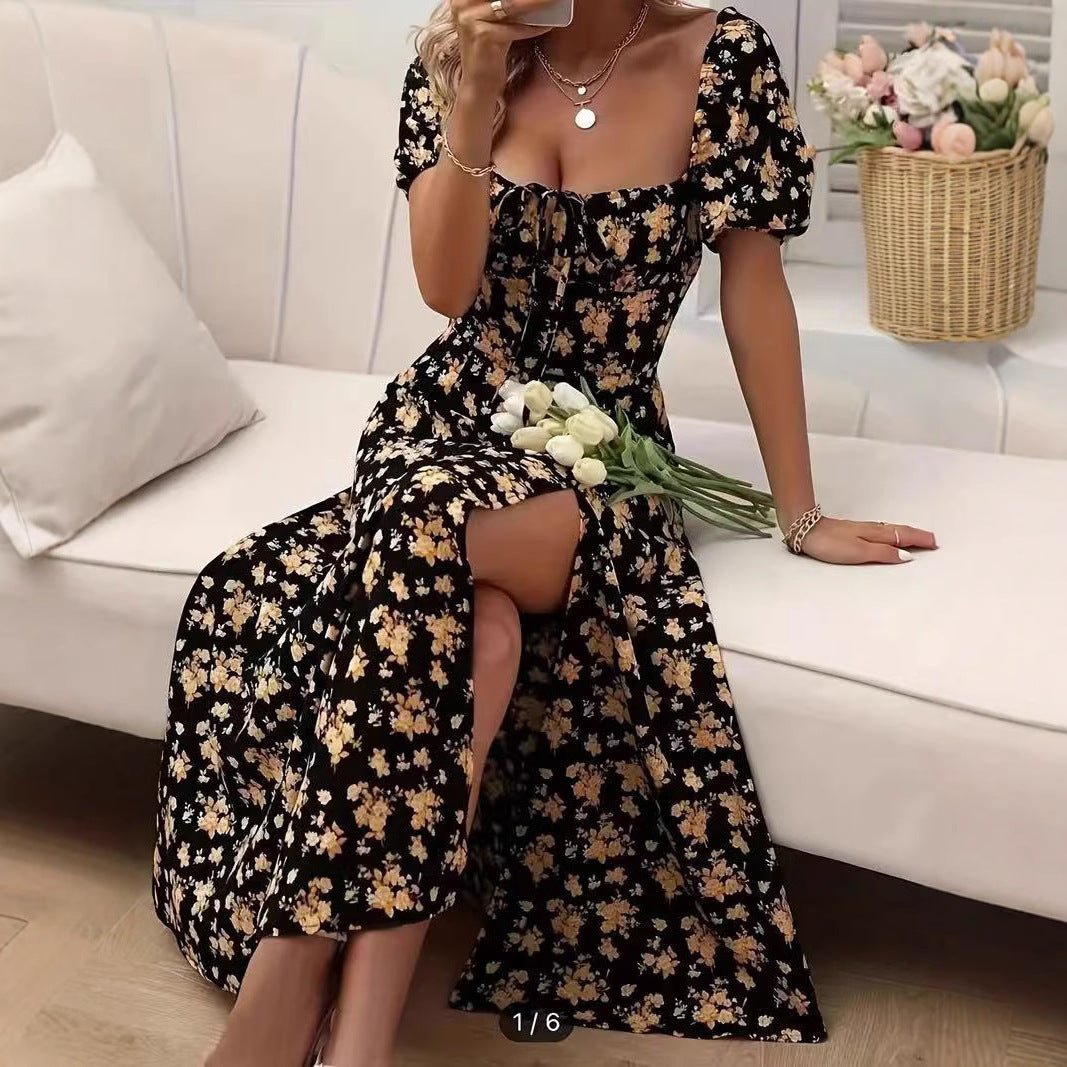 Robe longue fendue à manches courtes et imprimé floral, mode estivale, à lacets, pour la plage, vêtements pour femmes - KaoKao