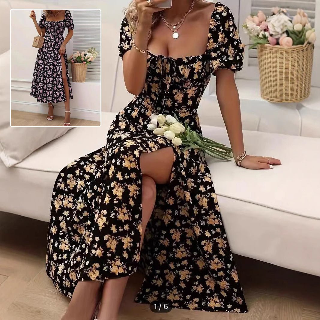 Robe longue fendue à manches courtes et imprimé floral, mode estivale, à lacets, pour la plage, vêtements pour femmes - KaoKao