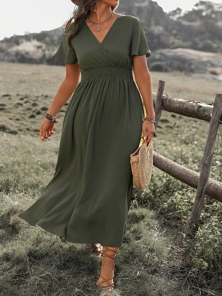 Robe longue fendue, couleur unie, col en V, manches cloche, élastique et taille haute - KaoKao