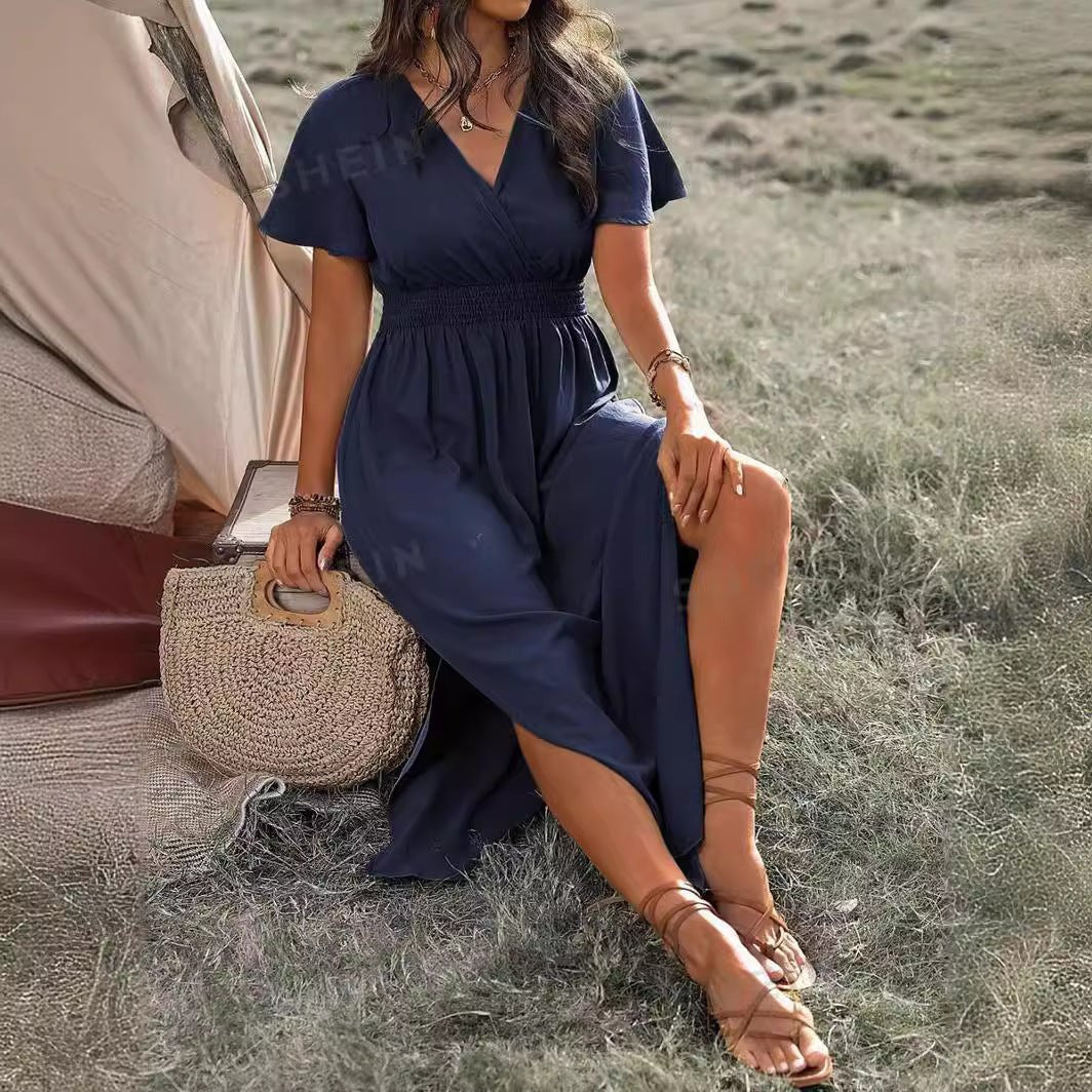 Robe longue fendue, couleur unie, col en V, manches cloche, élastique et taille haute - KaoKao