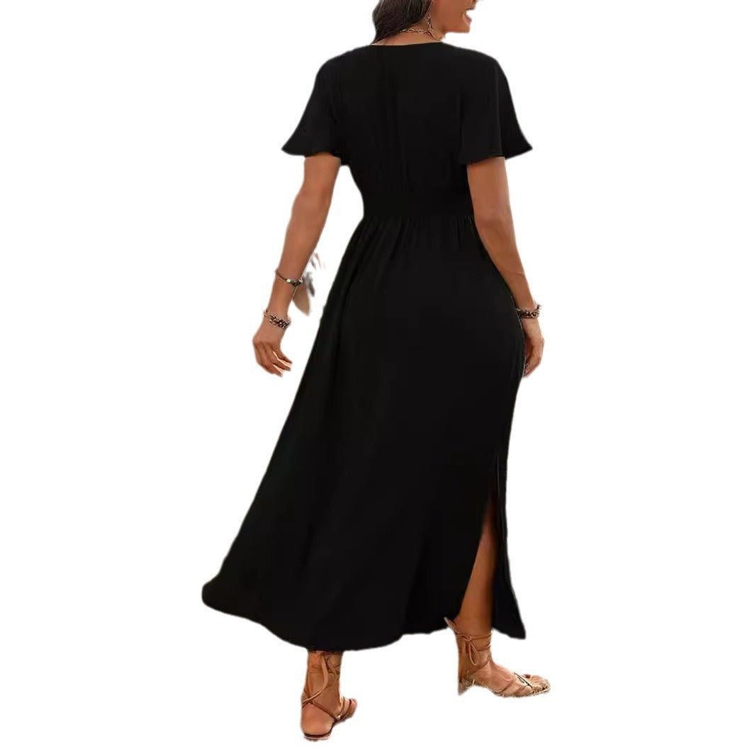 Robe longue fendue, couleur unie, col en V, manches cloche, élastique et taille haute - KaoKao