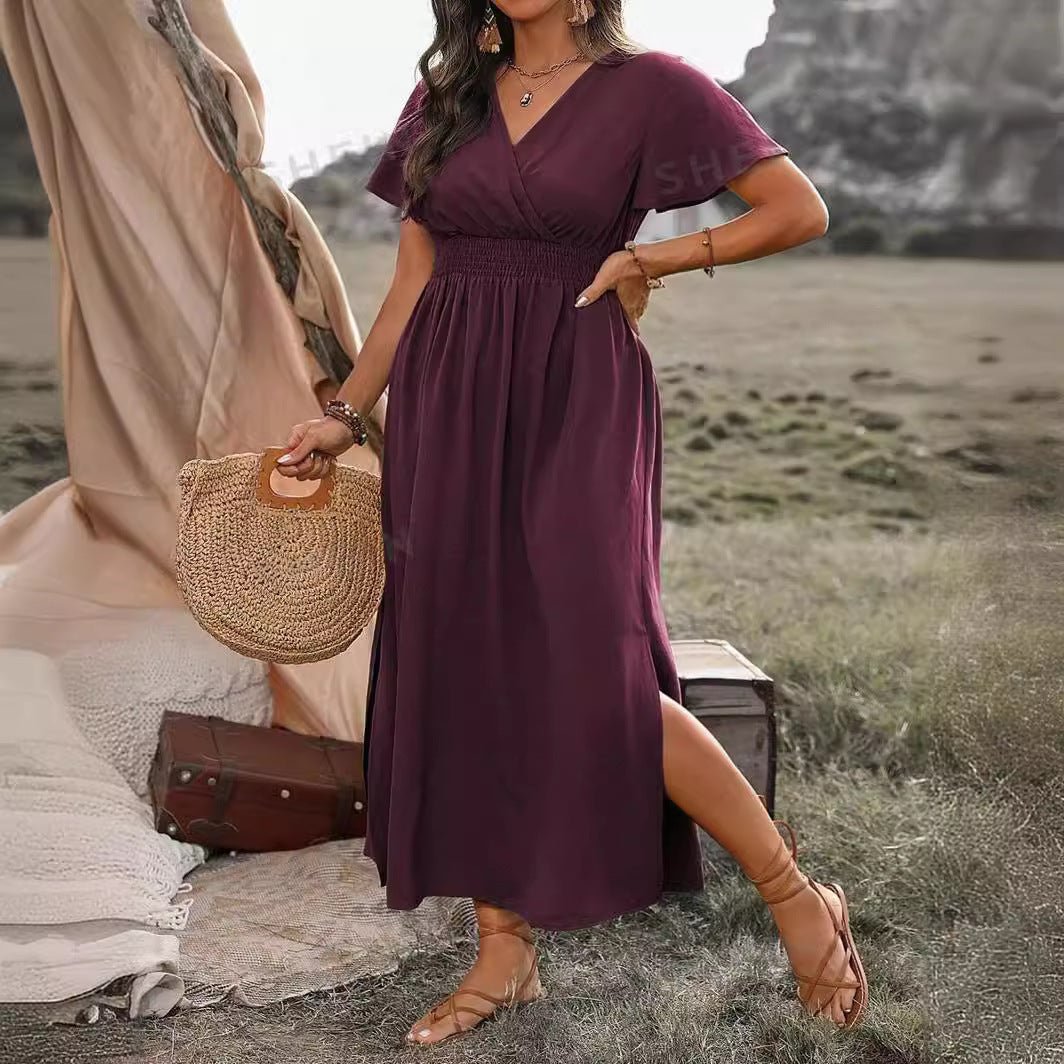 Robe longue fendue, couleur unie, col en V, manches cloche, élastique et taille haute - KaoKao