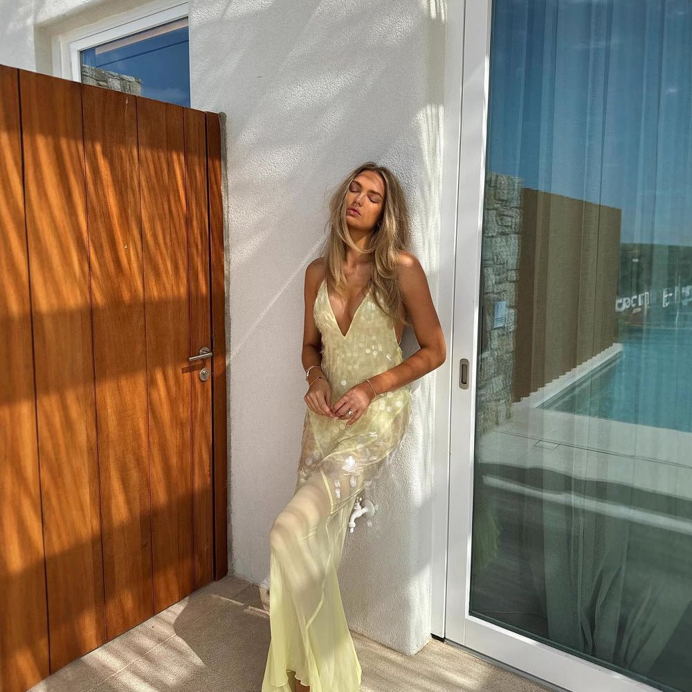 Robe longue sexy dos nu à paillettes et coupe ajustée - KaoKao