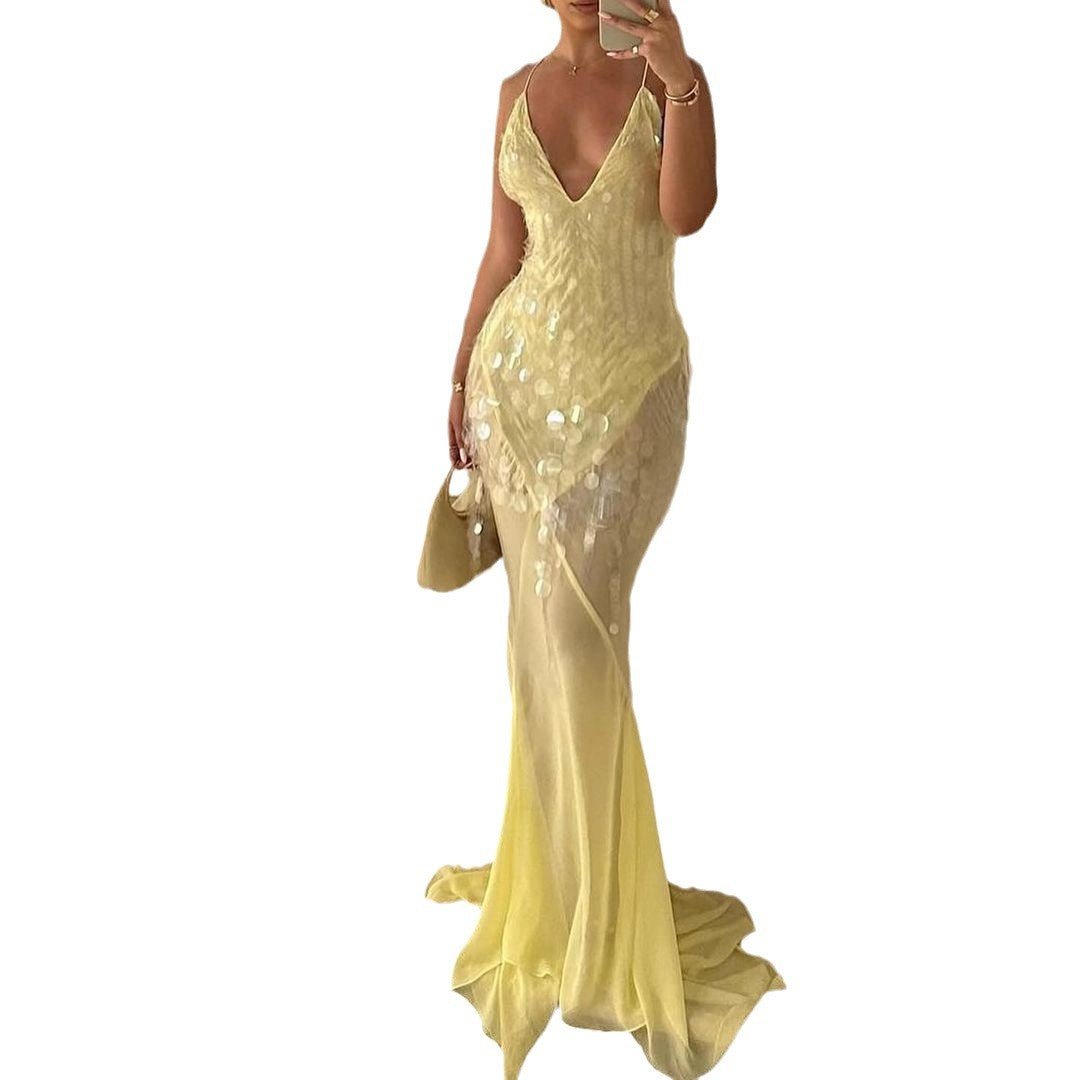 Robe longue sexy dos nu à paillettes et coupe ajustée - KaoKao