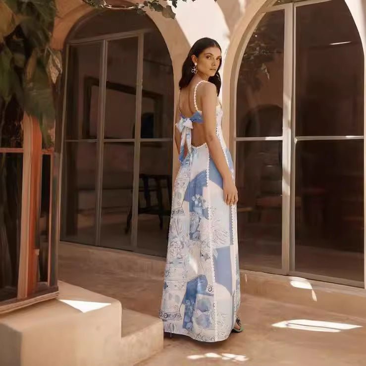 Robe longue sexy en dentelle à imprimé floral, dos nu, bretelles et nœud, vêtements pour femmes - KaoKao