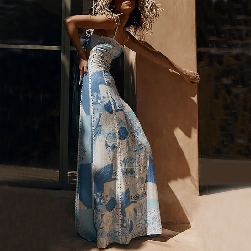 Robe longue sexy en dentelle à imprimé floral, dos nu, bretelles et nœud, vêtements pour femmes - KaoKao