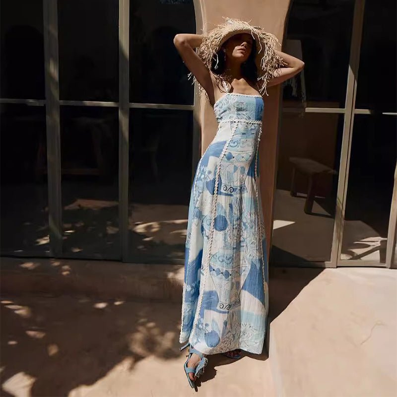 Robe longue sexy en dentelle à imprimé floral, dos nu, bretelles et nœud, vêtements pour femmes - KaoKao