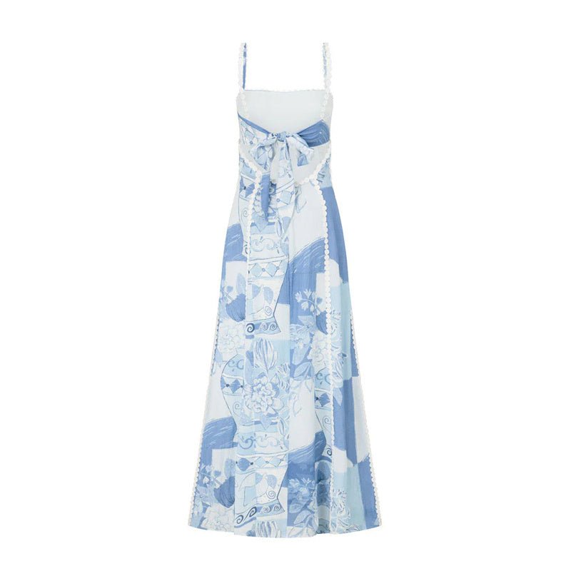 Robe longue sexy en dentelle à imprimé floral, dos nu, bretelles et nœud, vêtements pour femmes - KaoKao