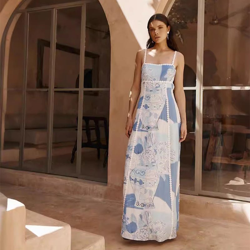 Robe longue sexy en dentelle à imprimé floral, dos nu, bretelles et nœud, vêtements pour femmes - KaoKao