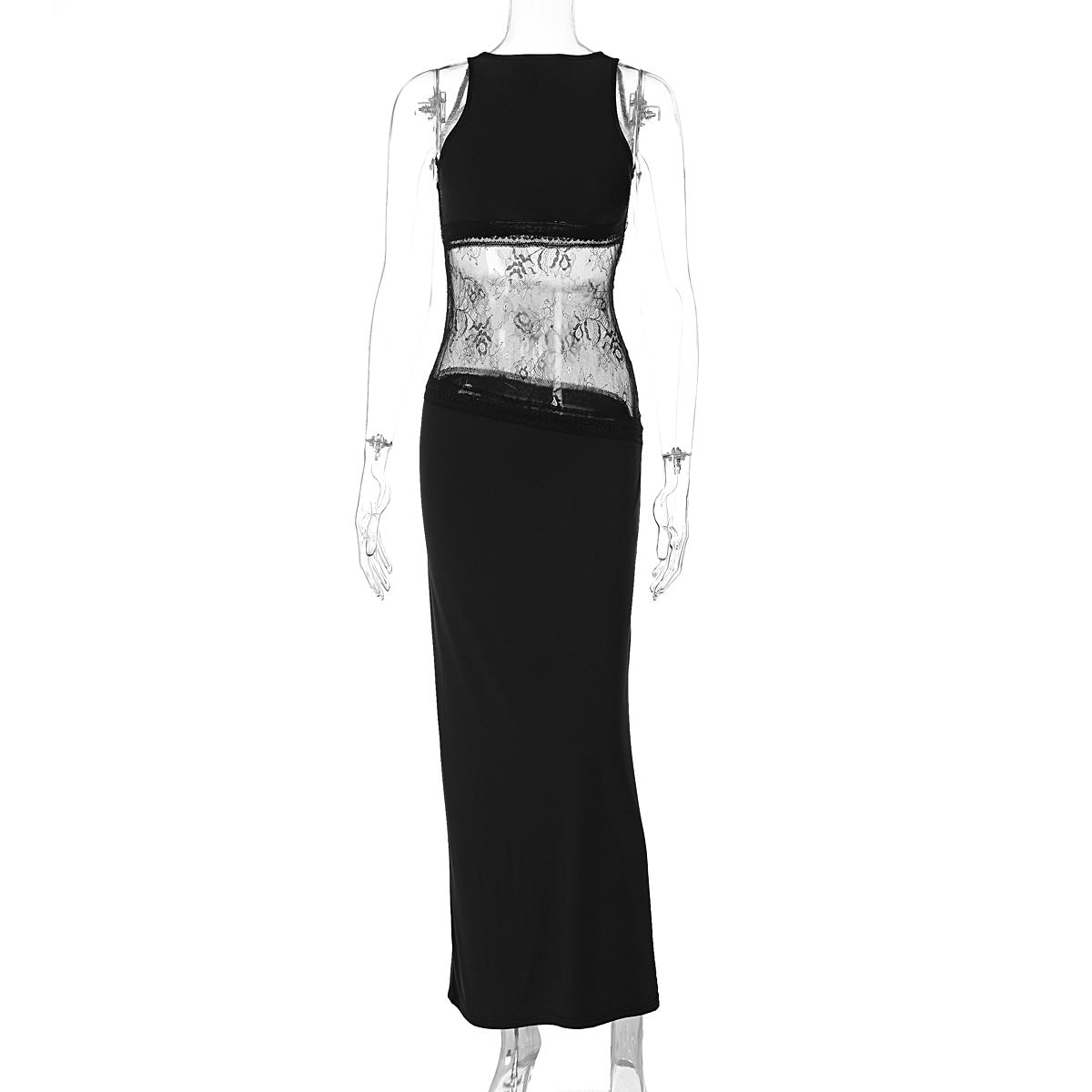 Robe longue transparente à dos nu et sans manches en dentelle cousue, taille moyenne - KaoKao