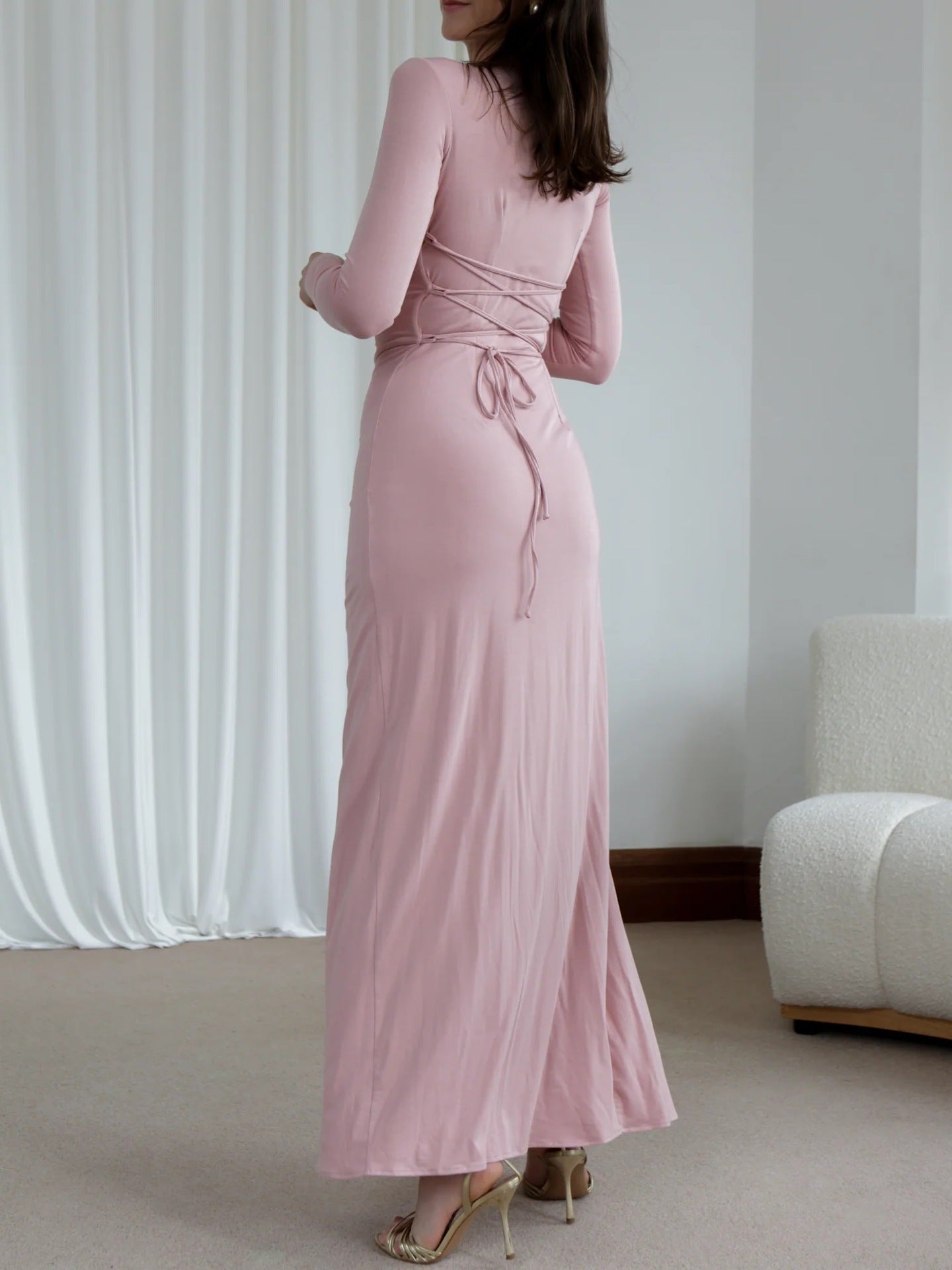 Robe moulante asymétrique fendue à manches longues, couleur unie, tendance - KaoKao