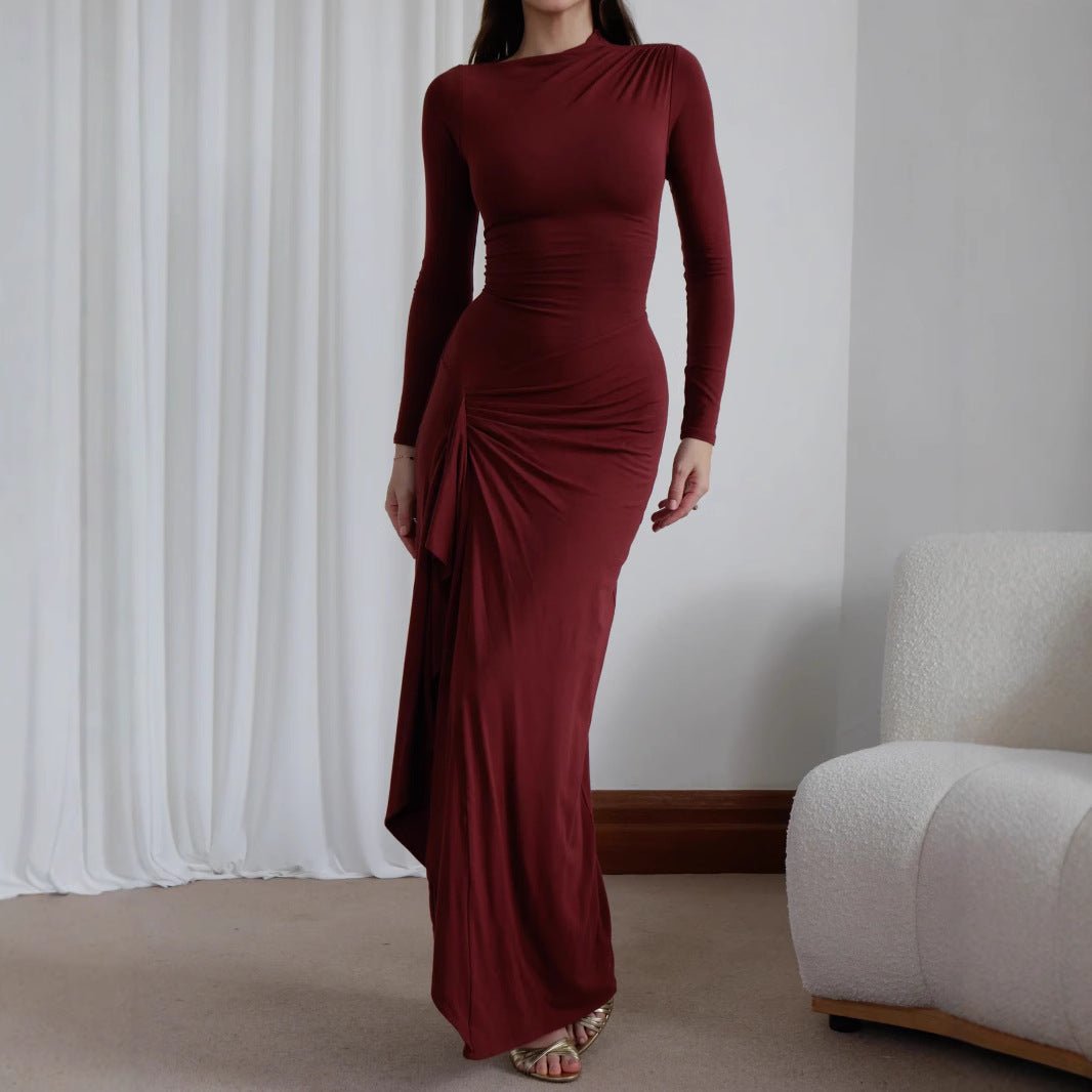Robe moulante asymétrique fendue à manches longues, couleur unie, tendance - KaoKao