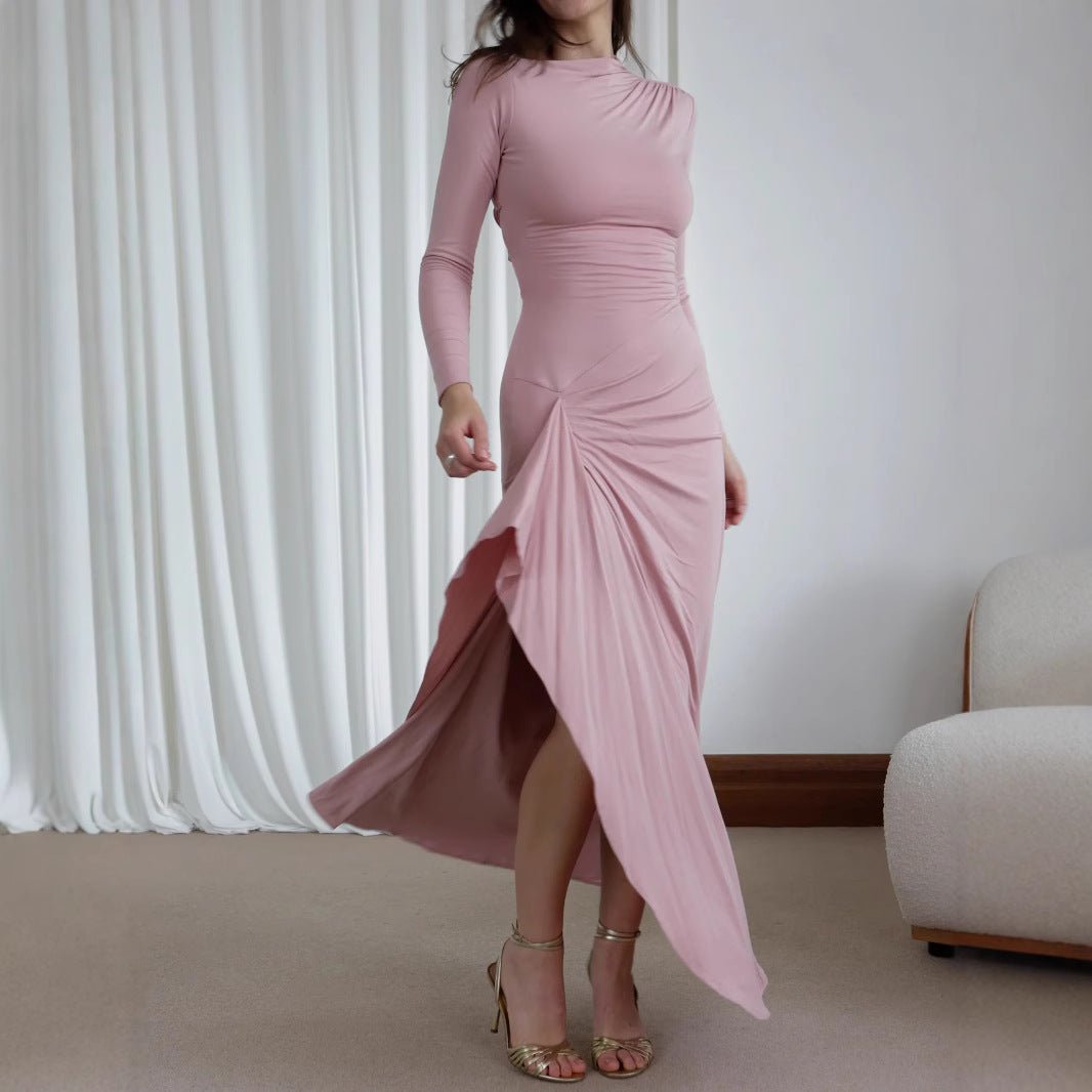 Robe moulante asymétrique fendue à manches longues, couleur unie, tendance - KaoKao