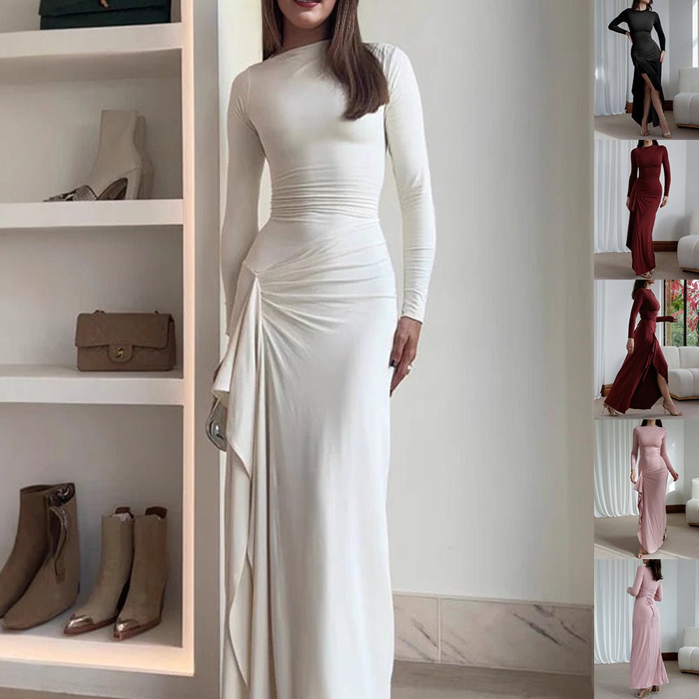 Robe moulante asymétrique fendue à manches longues, couleur unie, tendance - KaoKao