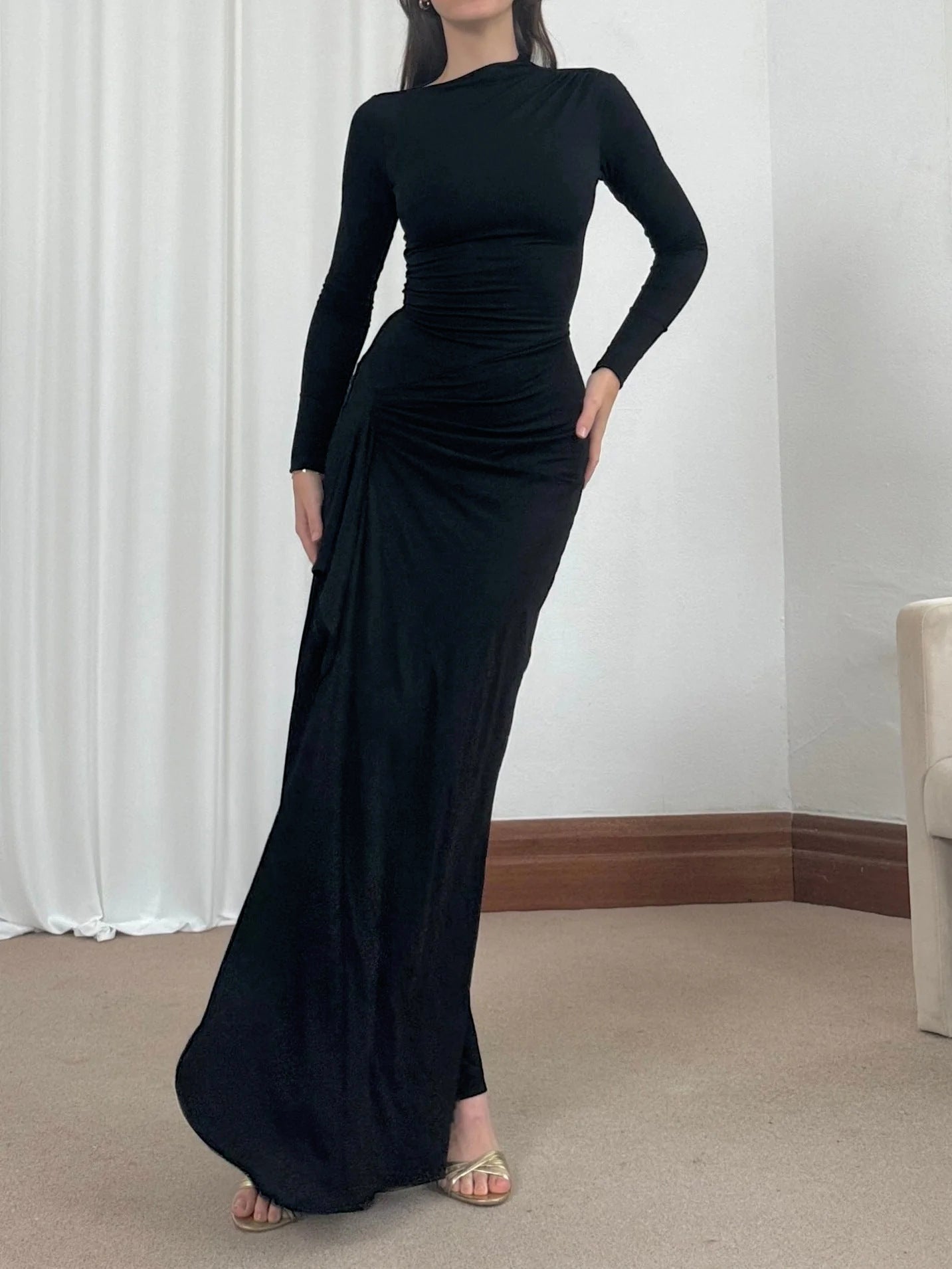 Robe moulante asymétrique fendue à manches longues, couleur unie, tendance - KaoKao