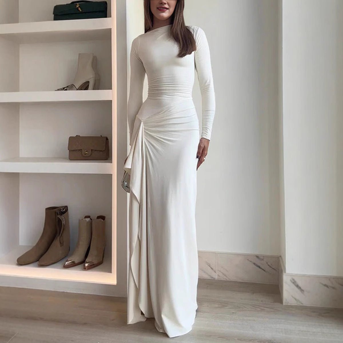 Robe moulante asymétrique fendue à manches longues, couleur unie, tendance - KaoKao