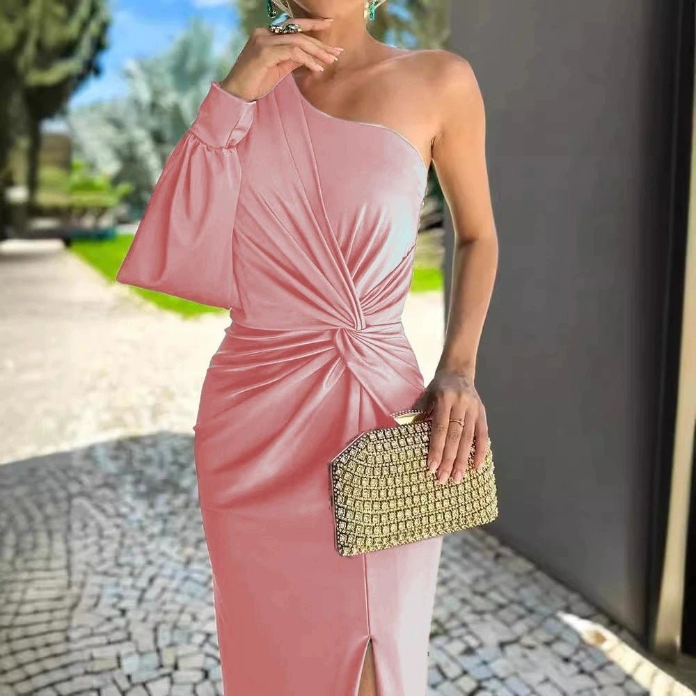 Robe moulante fendue à épaules dénudées et à volants pour femme, couleur unie - KaoKao