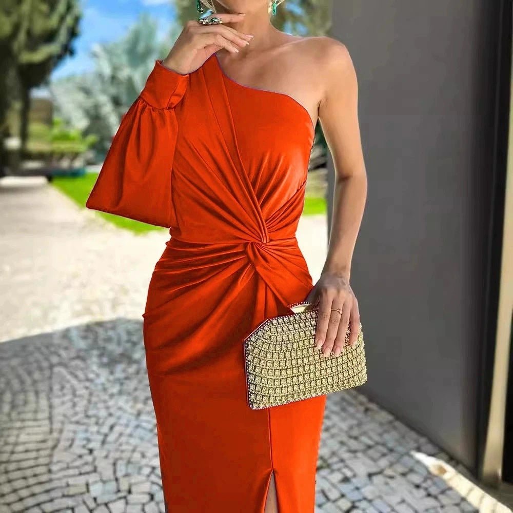 Robe moulante fendue à épaules dénudées et à volants pour femme, couleur unie - KaoKao