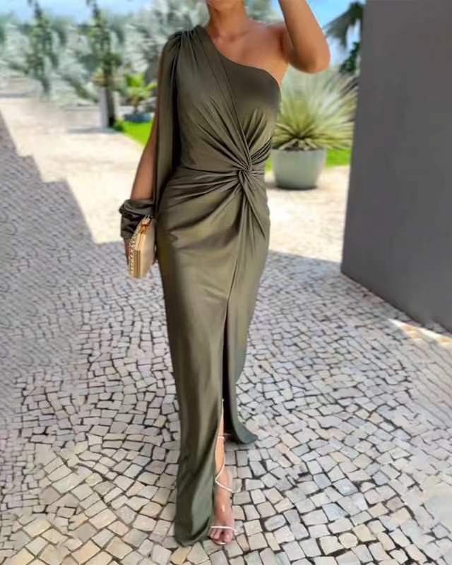 Robe moulante fendue à épaules dénudées et à volants pour femme, couleur unie - KaoKao