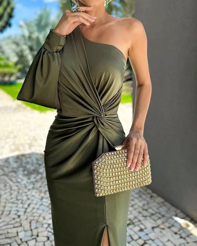 Robe moulante fendue à épaules dénudées et à volants pour femme, couleur unie - KaoKao