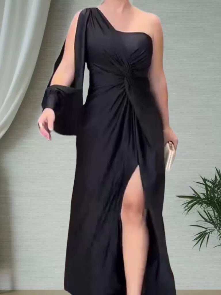 Robe moulante fendue à épaules dénudées et à volants pour femme, couleur unie - KaoKao