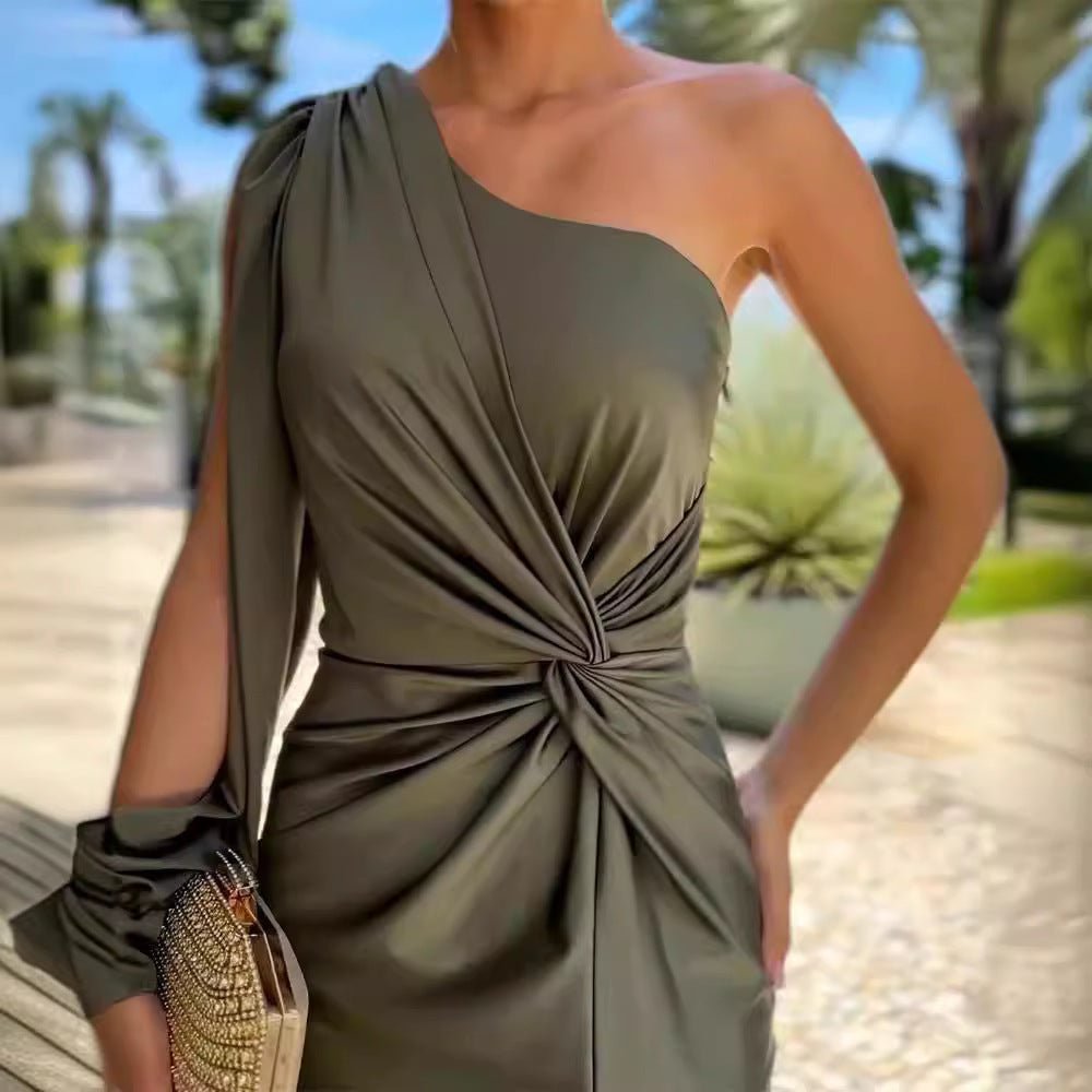 Robe moulante fendue à épaules dénudées et à volants pour femme, couleur unie - KaoKao