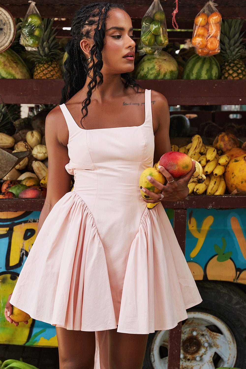 Robe sans manches à col carré et nœud dos nu, tenue d'été courte et ajustée pour femme - KaoKao