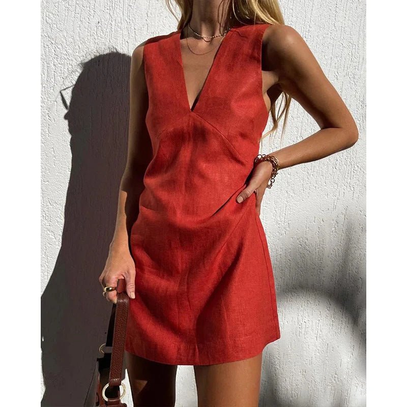 Robe sans manches en coton et lin à col en V pour femme, couleur unie, gilet, jupe courte - KaoKao