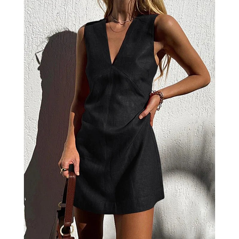Robe sans manches en coton et lin à col en V pour femme, couleur unie, gilet, jupe courte - KaoKao