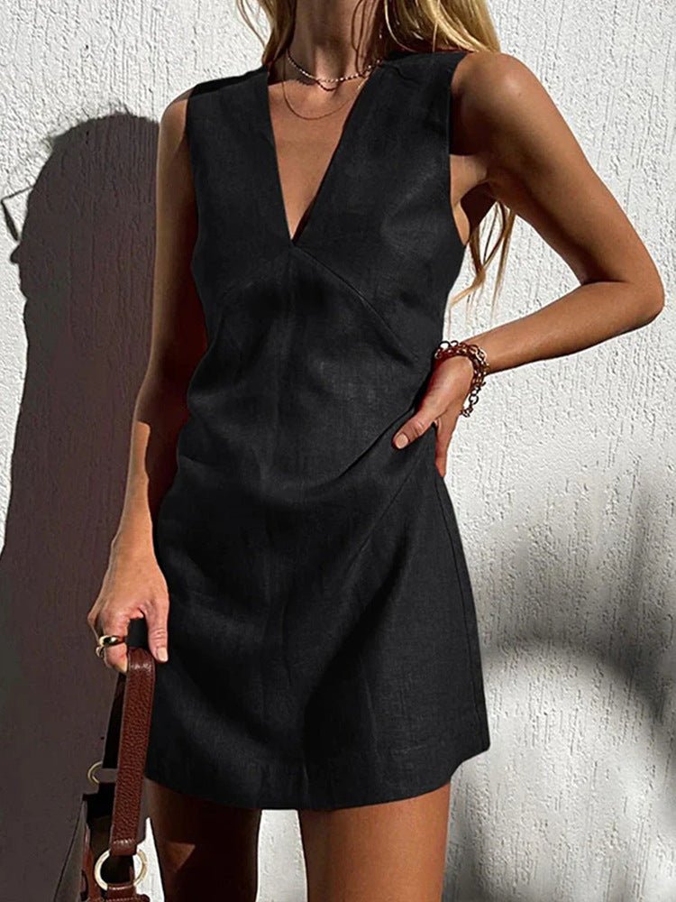Robe sans manches en coton et lin à col en V pour femme, couleur unie, gilet, jupe courte - KaoKao