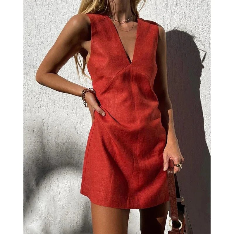 Robe sans manches en coton et lin à col en V pour femme, couleur unie, gilet, jupe courte - KaoKao