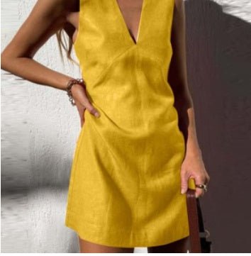 Robe sans manches en coton et lin à col en V pour femme, couleur unie, gilet, jupe courte - KaoKao