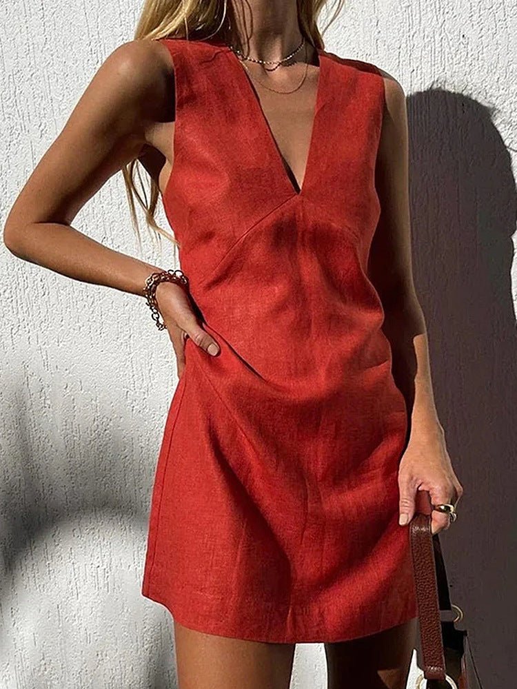 Robe sans manches en coton et lin à col en V pour femme, couleur unie, gilet, jupe courte - KaoKao